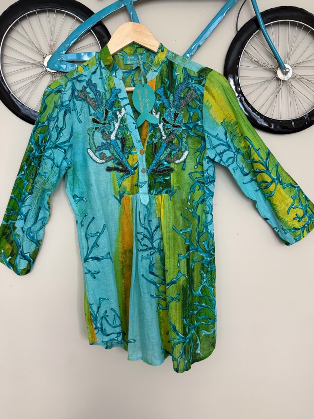 Embroidered Teal & Green V-Neck Tunic by